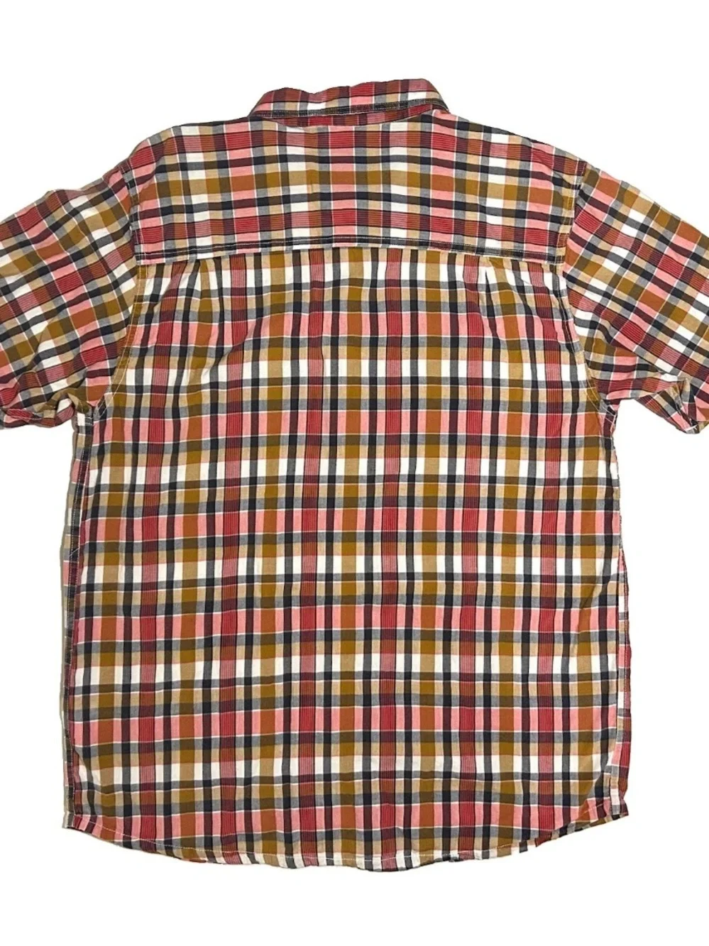 Kavu Red Yellow Plaid Shirt Mens Size XL Short Sleeve Button Up Cotton Hike Gorp